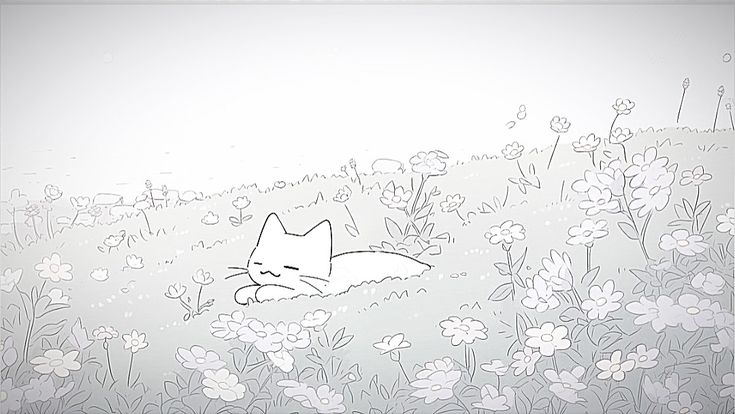 A sketched white cat resting in a field of flowers